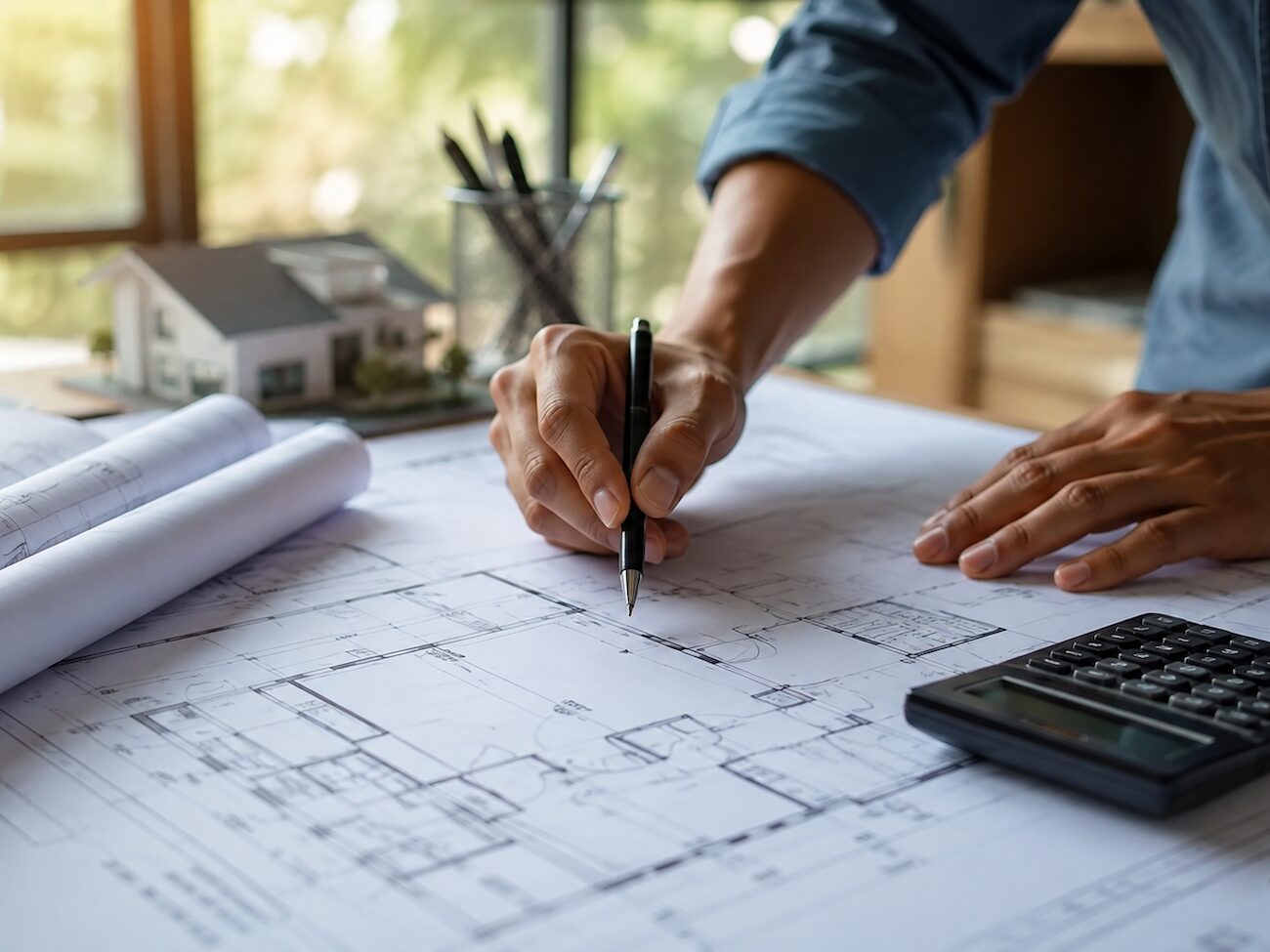Immobilienfinanzierung mit Bauplan, Hausmodell und Taschenrechner, deutschlandweit
