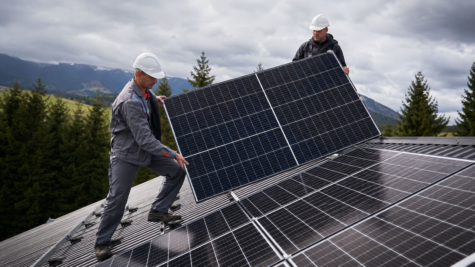 Monteure installieren eine Solaranlage auf einem Dach