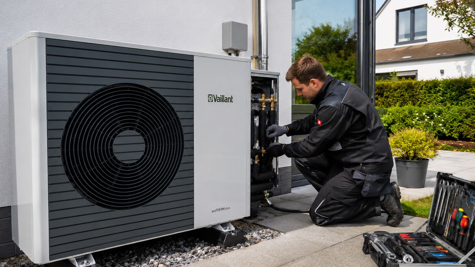 Techniker installiert eine Wärmepumpe an einem Wohnhaus